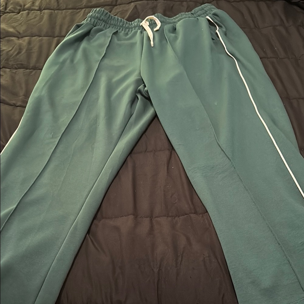 Green Track Pants with White Stripe